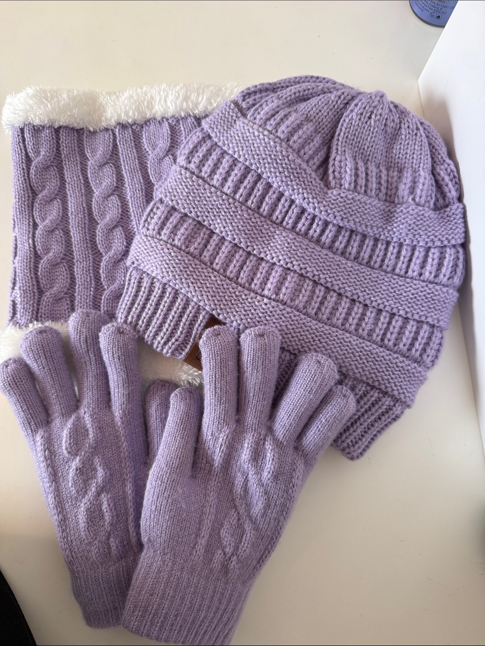 Kids Lavender Knit Hat, Gloves & Scarf Set
